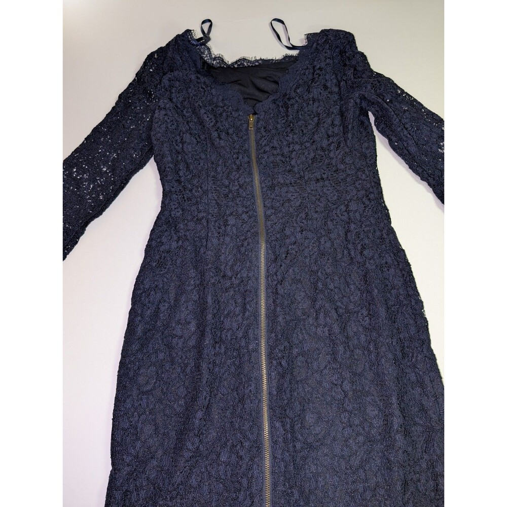 ADRIANNA PAPELL Evenings Navy Blue Lace Lined Sheath Dress 3/4 Sleeve Size 6